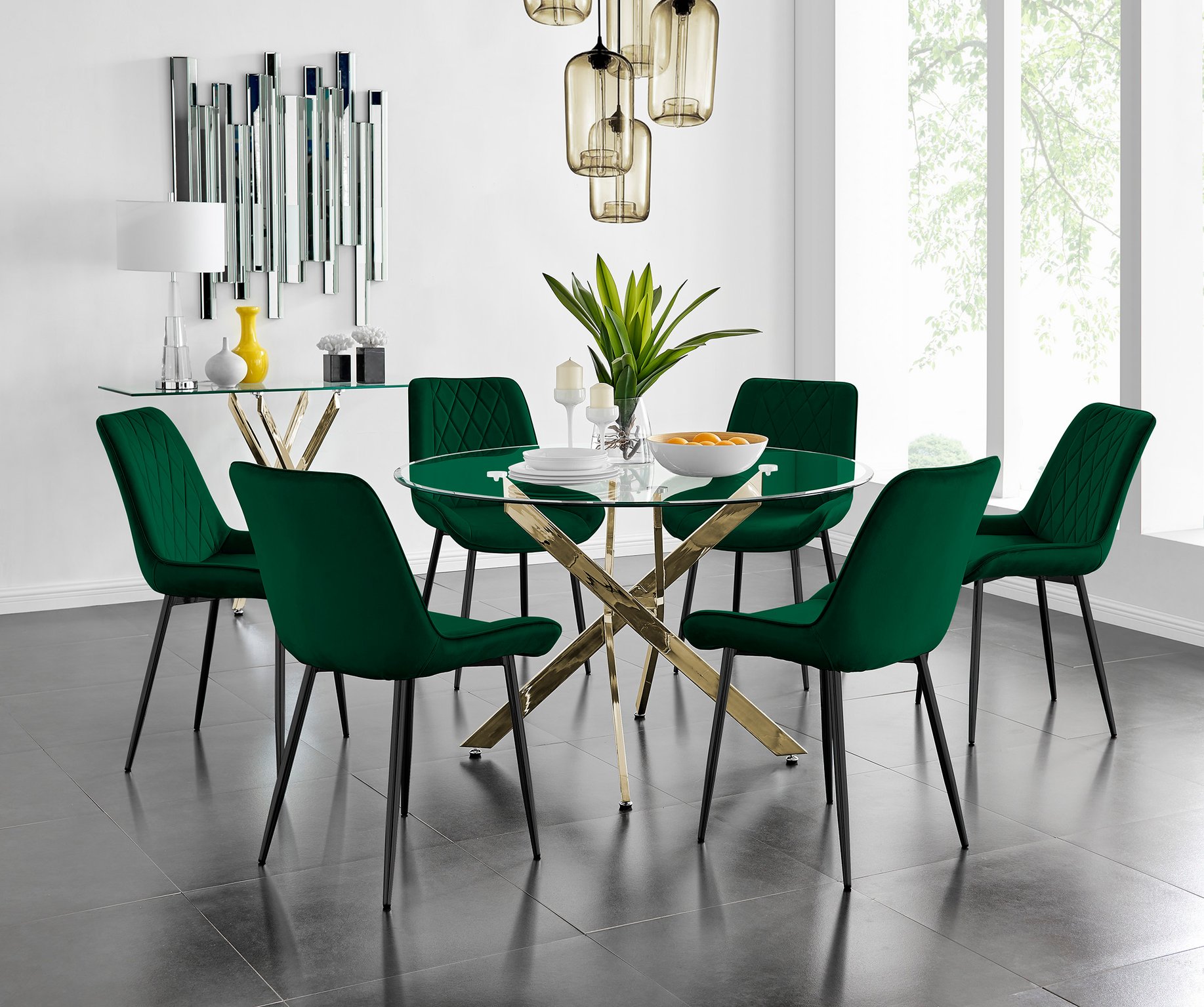 NOVARA 120cm Round Glass and Gold Leg Dining Table & 4 or 6 Velvet Dining  Chairs